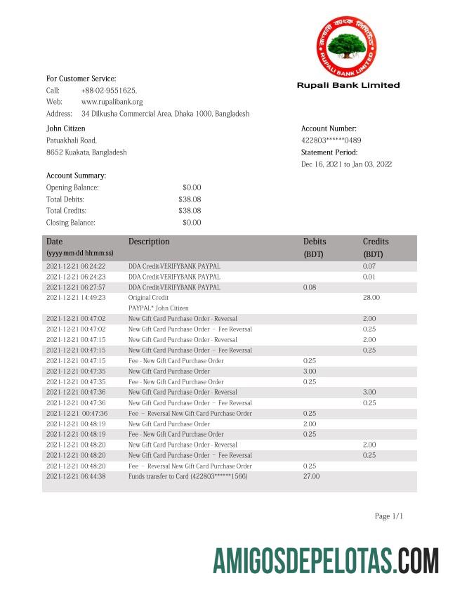 Bangladesh Rupali é o instrumento de extrato bancário